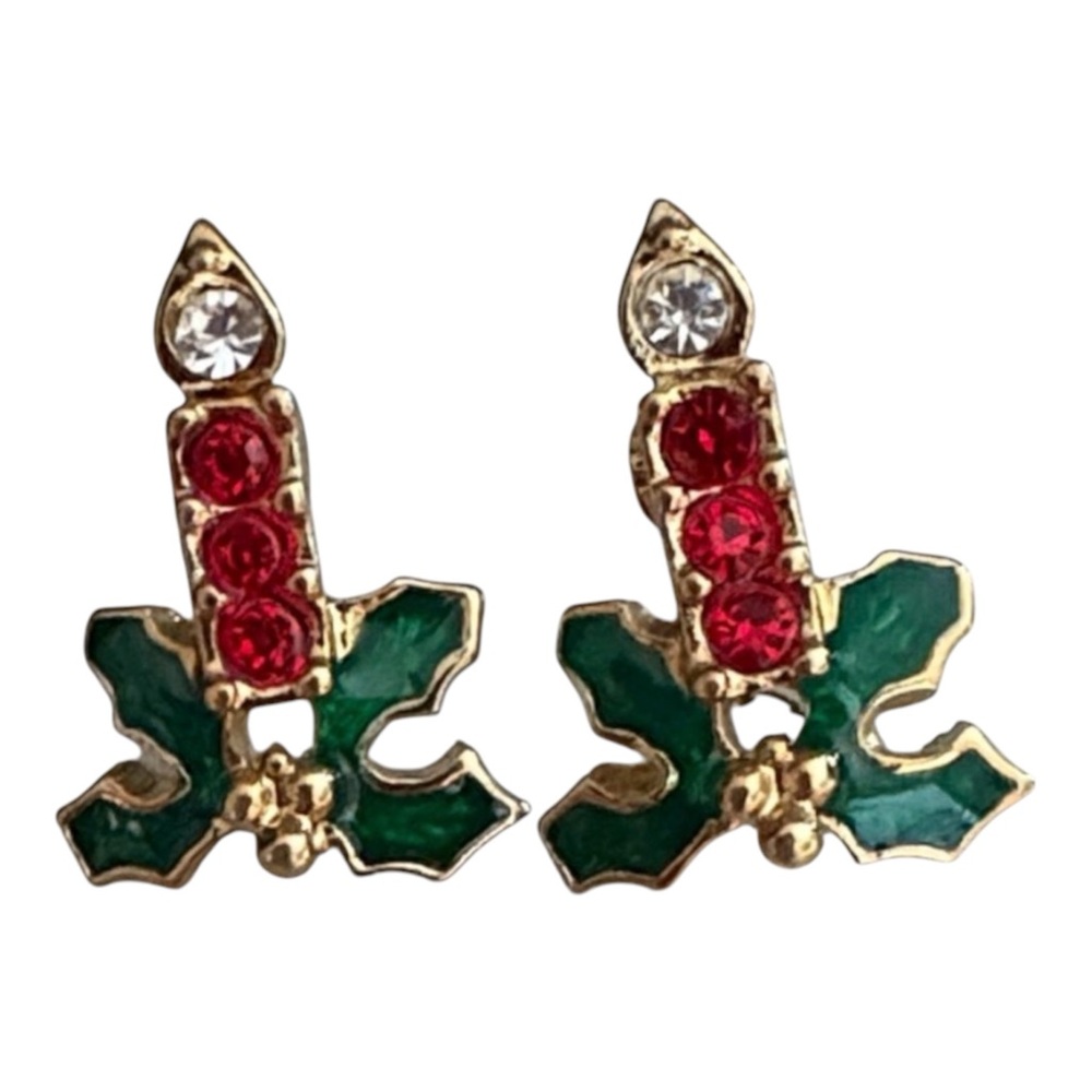 Vintage Avon Christmas Candle Holly Enamel Rhinestone Earrings